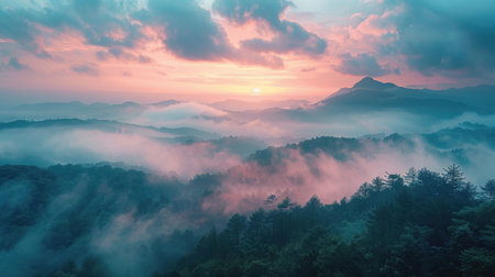 Aerial view of misty valley in mountains at sunset, showing natural beauty and atmospheric conditionsの素材