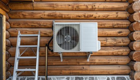 The exterior wall of a wooden log cabin is enhanced with the addition of a white air conditioner unitの素材
