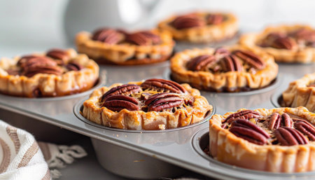A table is beautifully set with a muffin tin filled with delicious pecan pies, all prepared for guests to enjoyの素材