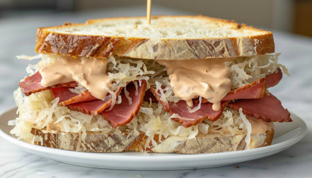 A sandwich with meat and sauerkraut is elegantly presented on a white plate, creating a visually appealing displayの素材
