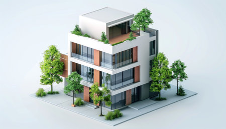 Modern, eco-friendly residential building with a rooftop garden, showcasing sustainable urban livingの素材