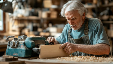 Senior carpenter smoothing a wood plank using an electric planer in his workshopの素材