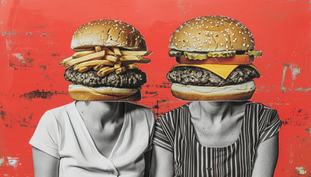 Contemporary art collage showcasing the concept of consumerism with two women with burgers for headsの素材
