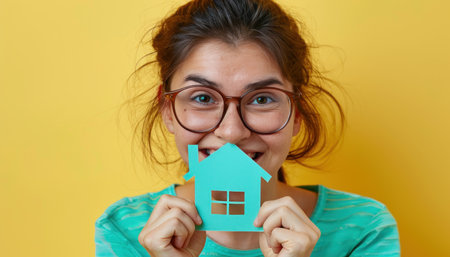 Young woman with glasses is holding a paper house in front of her mouth and smiling on a yellow backgroundの素材