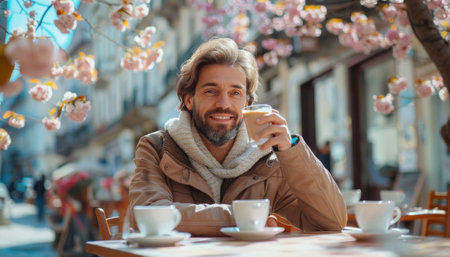 Man is enjoying a warm spring day sitting at an outdoor cafe, sipping coffee under a blooming cherry blossom treeの素材