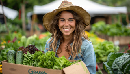 Young farmer woman is smiling at the camera while holding a crate full of fresh organic vegetablesの素材