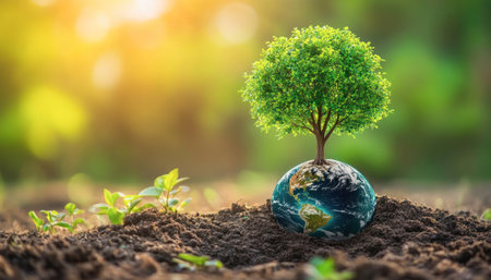 Lush green tree growing on planet earth symbolizing environmental conservation and sustainabilityの素材