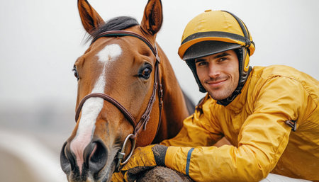 Jockey with yellow equipment smiling and hugging his horse before a raceの素材