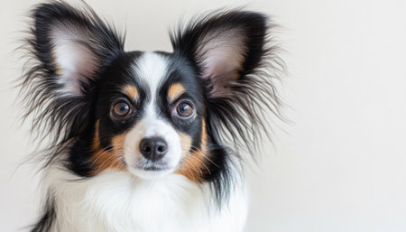 Headshot of a cute papillon dog with big ears looking curiousの素材