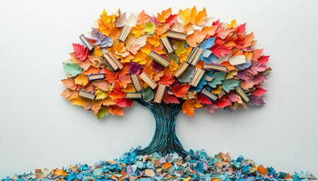 Colorful tree is growing from a pile of books and paper, symbolizing the power of knowledgeの素材