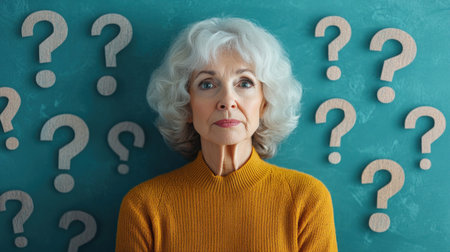 Mature woman is posing in front of a wall with several question marks on itの素材