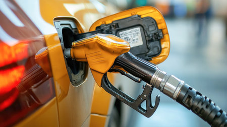 Yellow gasoline nozzle is inserted in the fuel tank of a car at a gas stationの素材