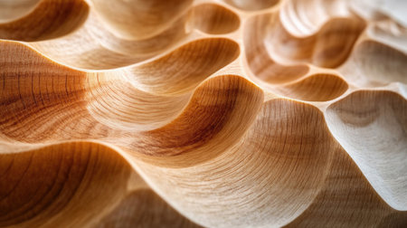 Light reflecting off a wooden surface with carved wavesの素材