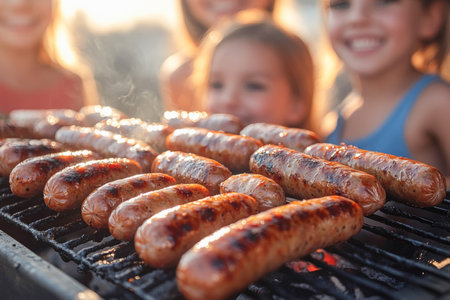Delicious sausages grilling on a charcoal barbecue with a group of friends and family out of focus in the backgroundの素材