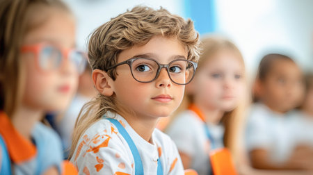 Elementary schoolgirl sitting at desk listening to teacher in classroomの素材