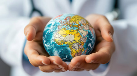 Doctor is holding a globe in his hands, with africa facing forwardの素材