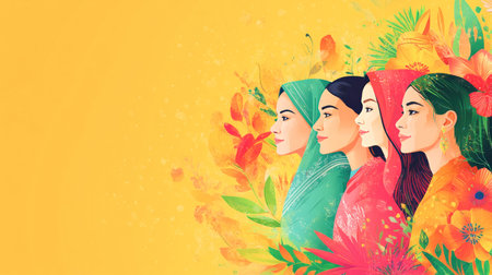 Four young women from diverse backgrounds standing together with flowersの素材