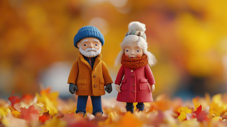 Two elderly people are bundled up in warm clothing, enjoying a crisp autumn day surrounded by fall foliageの素材