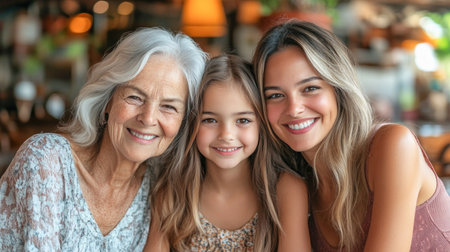 Grandmother, mother, and daughter are spending quality time together at a restaurant, enjoying each other's companyの素材