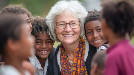 Cheerful retired teacher is posing with a group of elementary school students outsideの素材