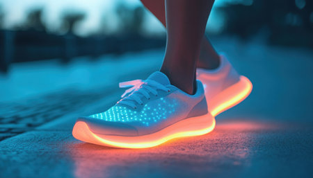 Woman wearing sneakers with led lights walking at night in the cityの素材
