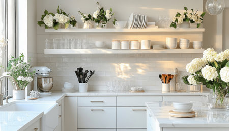 Modern white kitchen interior with open shelving showing minimalist design and decorated with white flowersの素材