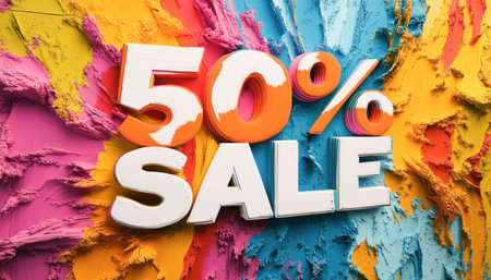 3d rendering of a big fifty percent sale sign on a colorful textured backgroundの素材
