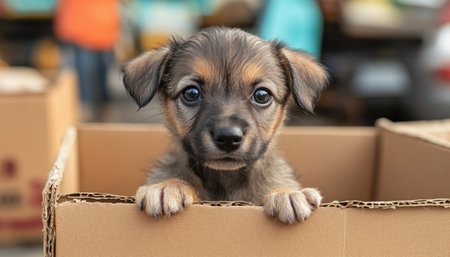 Cute puppy dog is looking up from a cardboard box with big eyesの素材