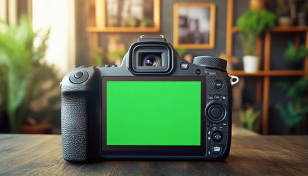 Professional dslr camera is showing a green screen on its display, perfect for adding visual effects in post-productionの素材