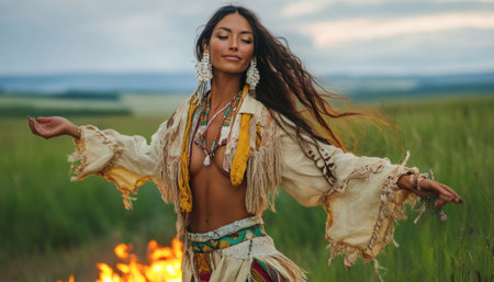 Shaman woman wearing ethnic clothes is dancing in a field in front of a fire with her eyes closedの素材