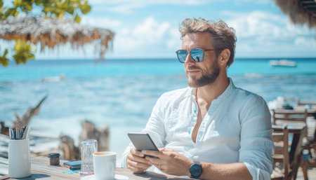 Young businessman is taking a break from work, enjoying a sunny day at the beach, while drinking coffee and using his smartphoneの素材