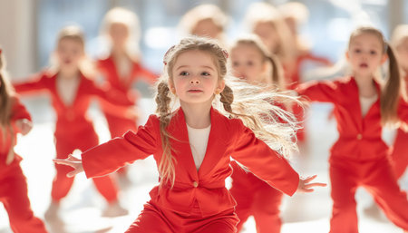 Group of children are having fun during a dance class wearing red suitsの素材