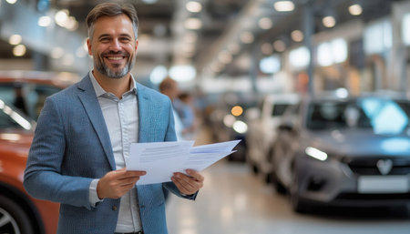 Cheerful salesman holding documents while standing in a car dealershipの素材