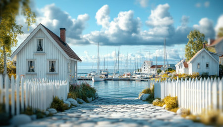 Cobblestone path leading to a scandinavian marina lined with charming white houses and fencesの素材