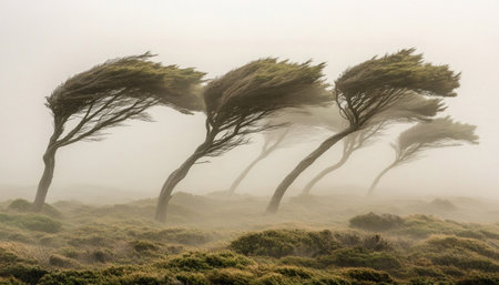 The wind is shaping the trees in a beautiful landscape with dramatic cloudsの素材