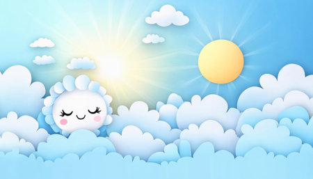 Bright and cheerful sun is shining over a blue sky with fluffy white paper cloudsの素材