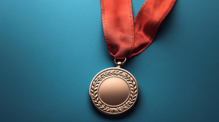 Gold medal award hanging on red ribbon on blue background representing victory and successの素材