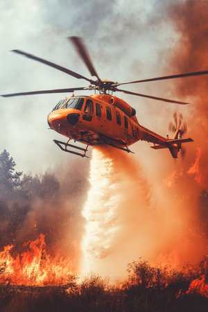 Helicopter is flying over a burning forest trying to extinguish the wildfireの素材