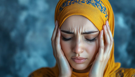 Young woman wearing hijab suffering from a strong headacheの素材