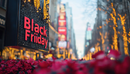 Black friday sign is hanging in times square, new york city with christmas lights glowing in the backgroundの素材
