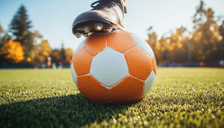 Soccer player is holding a soccer ball on his cleat on a field in the fallの素材