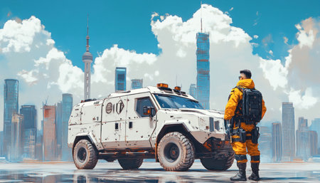 Futuristic soldier guarding a futuristic city with his armored vehicleの素材