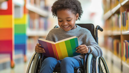 Happy young student in a wheelchair smiling and reading a book in a libraryの素材