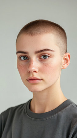 Young woman with a shaved head and freckles is wearing a gray t-shirtの素材