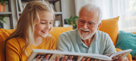 Senior man and a young girl are smiling while looking at a family photo albumの素材