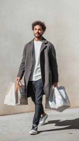 Young man is walking on the sidewalk carrying shopping bagsの素材