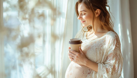 Pregnant woman drinking coffee near the window and enjoying the morning sunlightの素材