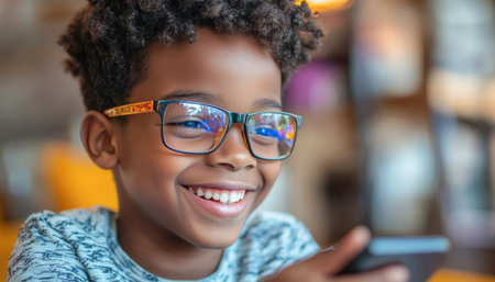 Young boy with a big smile wearing glasses is using a smartphoneの素材