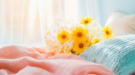Bright bouquet of yellow daisies and white baby's breath adds a touch of spring to a cozy bedroomの素材