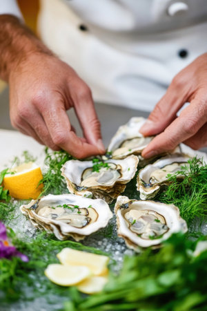 Chef adding fresh herbs to a plate of oysters on ice with lemon wedgesの素材